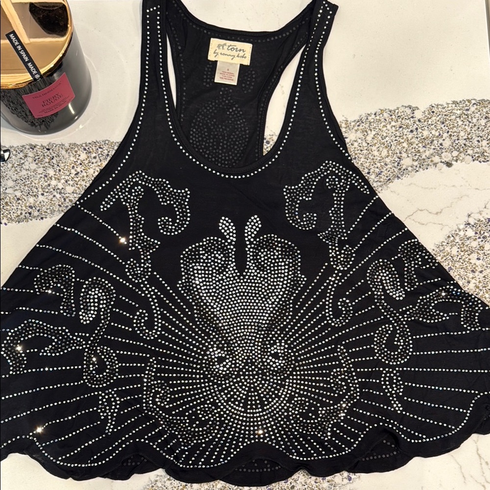 Torn by Ronny Kobo Black Embellished Asymmetrical Tank Top